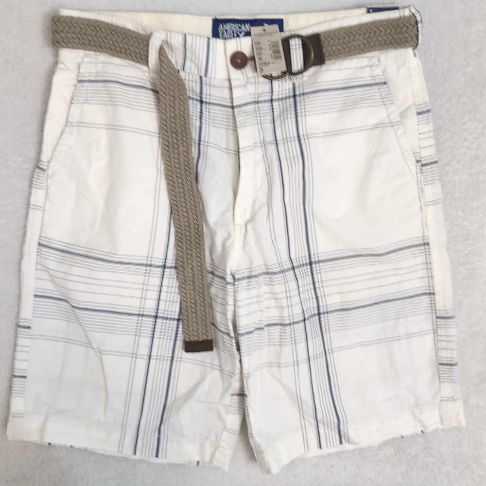 NEW American Eagle Shorts Mens 30x9.5" Chino White Plaid Waist Belted